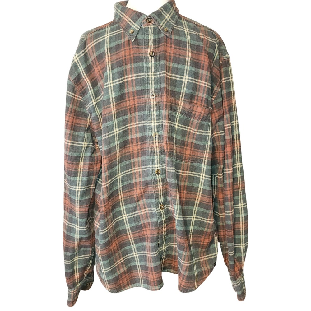 Woolrich Mens XL Flannel Shirt Plaid Long Sleeve Button Down Rust Green Cotton